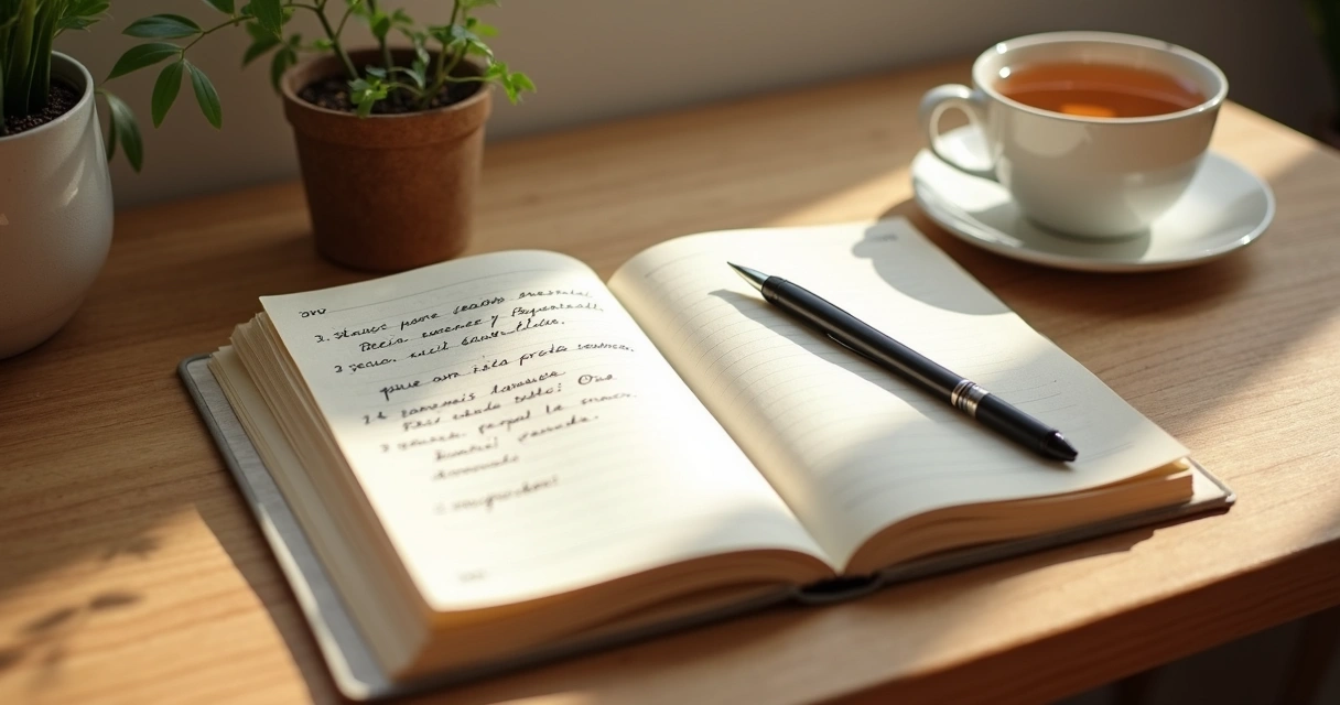 Cuaderno abierto con notas de reflexión y taza sobre mesa de madera 
