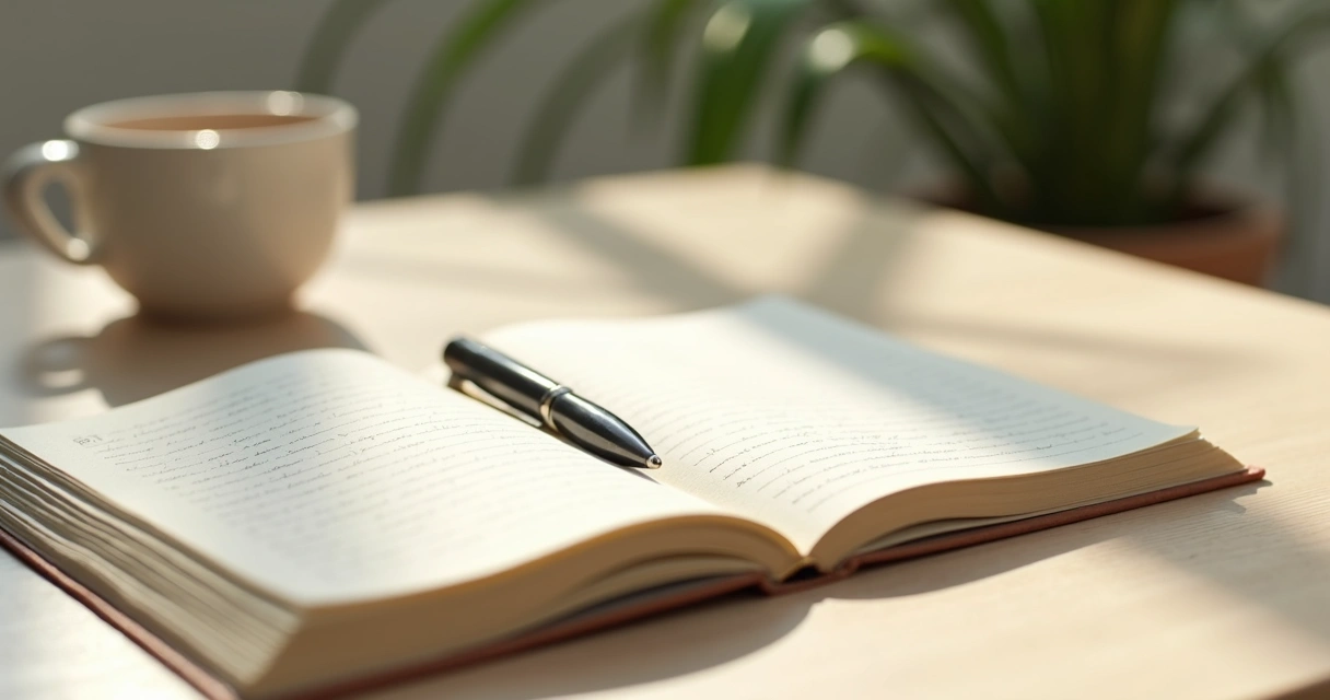 Cuaderno abierto con notas de reflexión y una taza sobre escritorio claro 