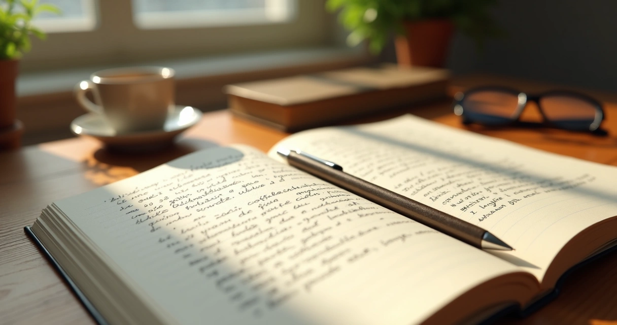 Cuaderno abierto con notas de reflexión personal y taza de café