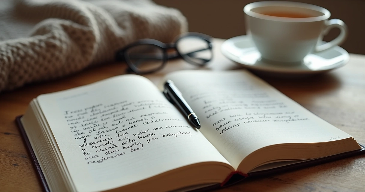 Cuaderno abierto con notas y taza sobre mesa de madera 