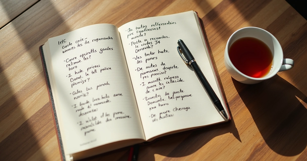 Cuaderno abierto con preguntas de reflexión y una taza sobre mesa de madera
