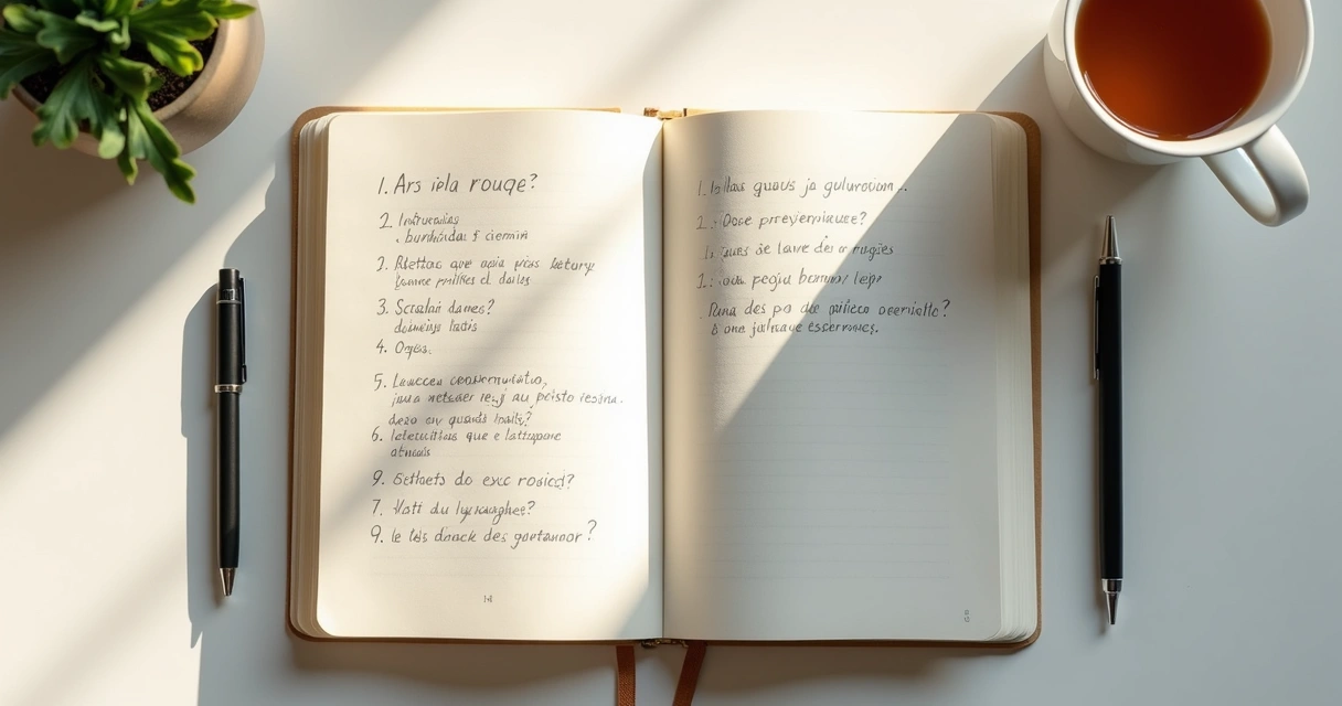 Cuaderno abierto con preguntas de reflexión y taza sobre una mesa 