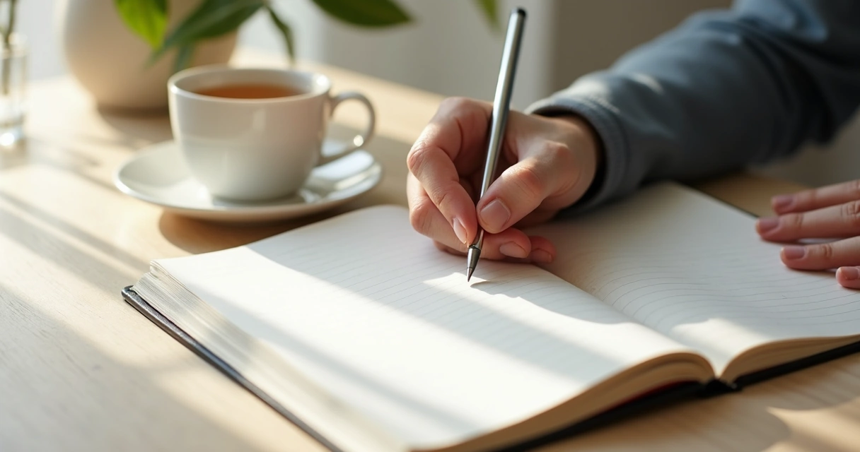Cuaderno abierto junto a una taza y una mano escribiendo en calma 