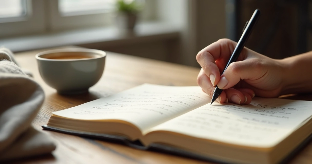 Cuaderno abierto junto a una taza y una mano escribiendo