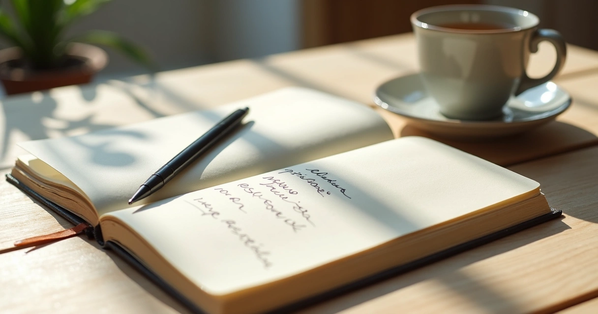 Cuaderno abierto con notas personales y una taza sobre una mesa clara