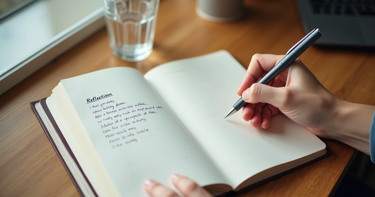 Cuaderno abierto con notas de reflexión serena 