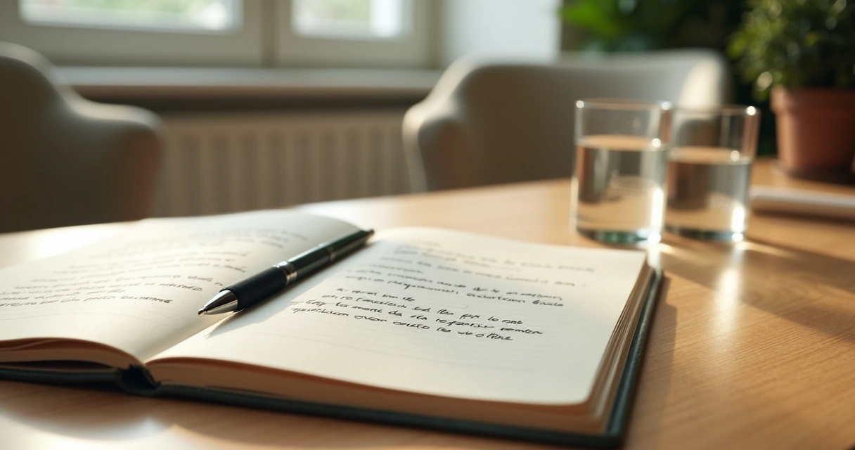 Cuaderno abierto con notas de reflexión junto a una sesión terapéutica visual