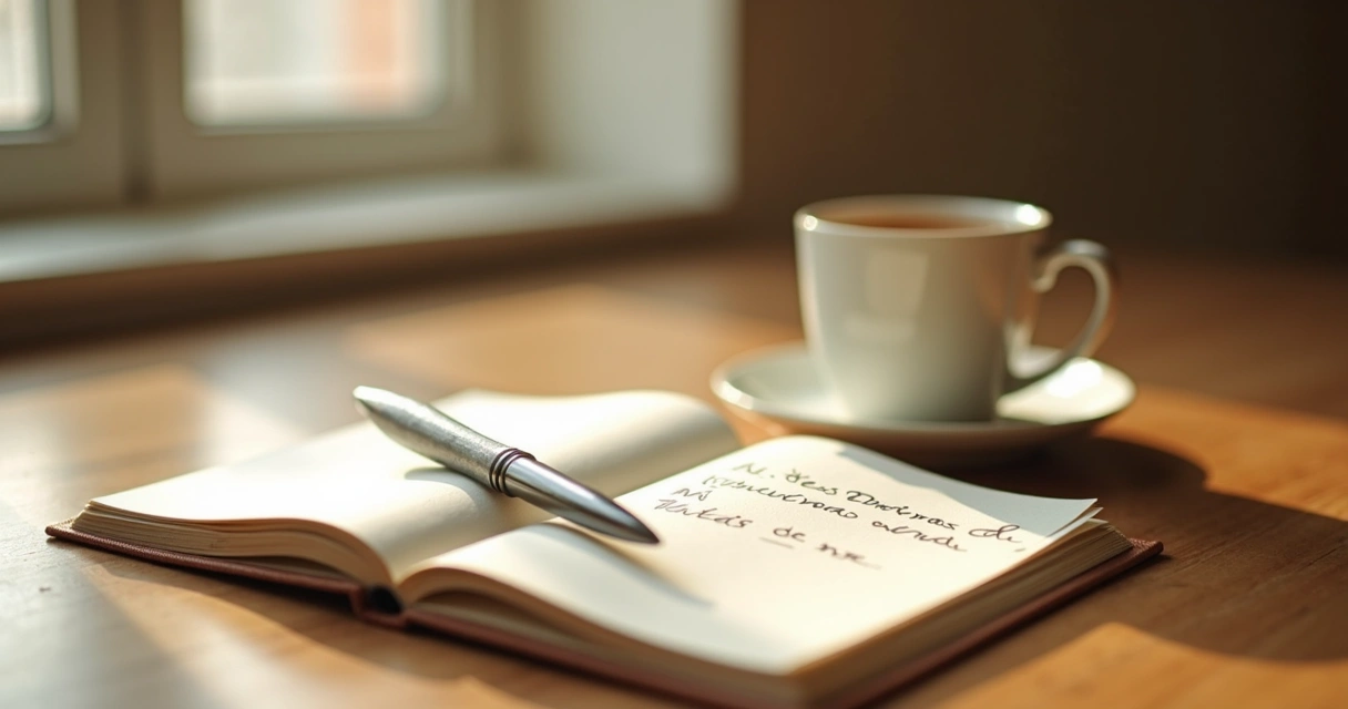 Cuaderno abierto junto a una taza y una ventana con luz suave 