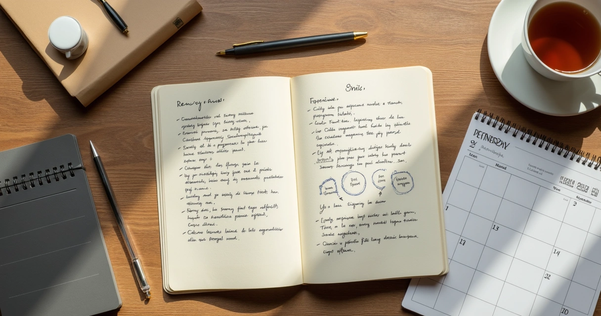 Cuaderno abierto con notas de reflexión y calendario en escritorio 