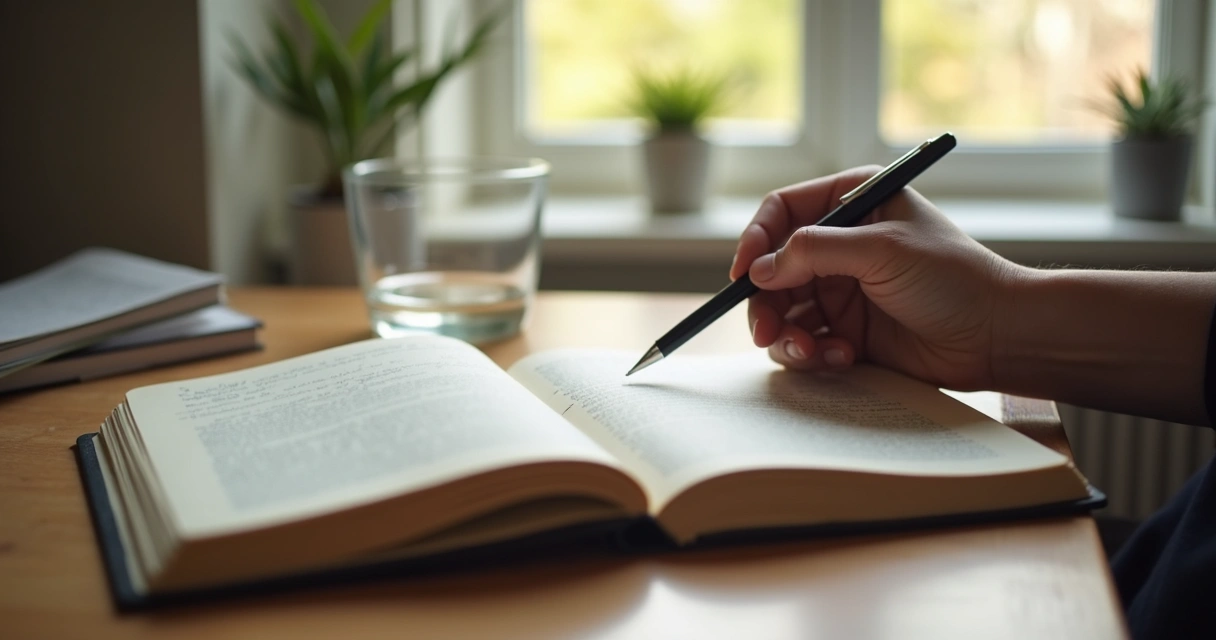 Cuaderno abierto junto a una ventana con luz suave