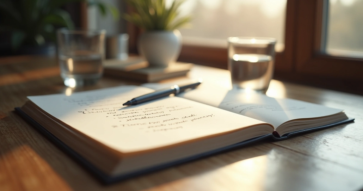 Cuaderno abierto junto a una ventana con luz suave