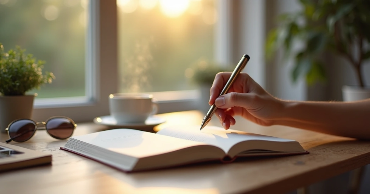 Cuaderno abierto junto a una ventana con luz suave 