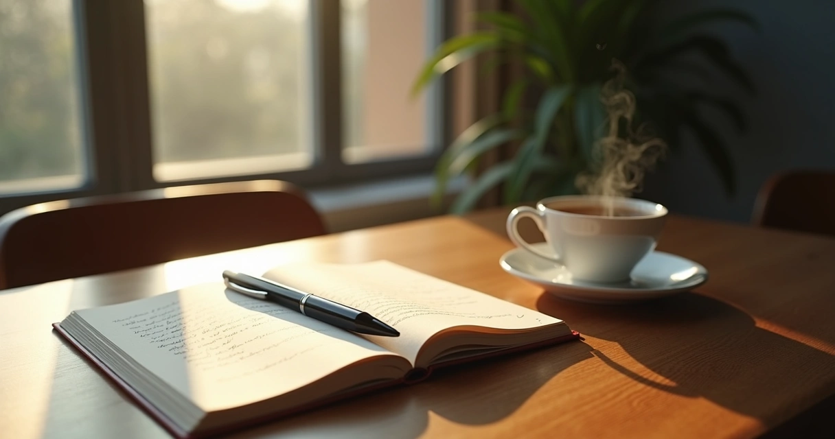 Cuaderno abierto junto a una ventana con luz suave