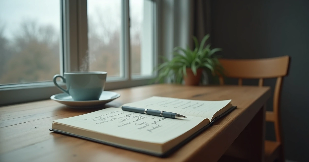 Cuaderno abierto junto a una ventana en un momento de reflexión 
