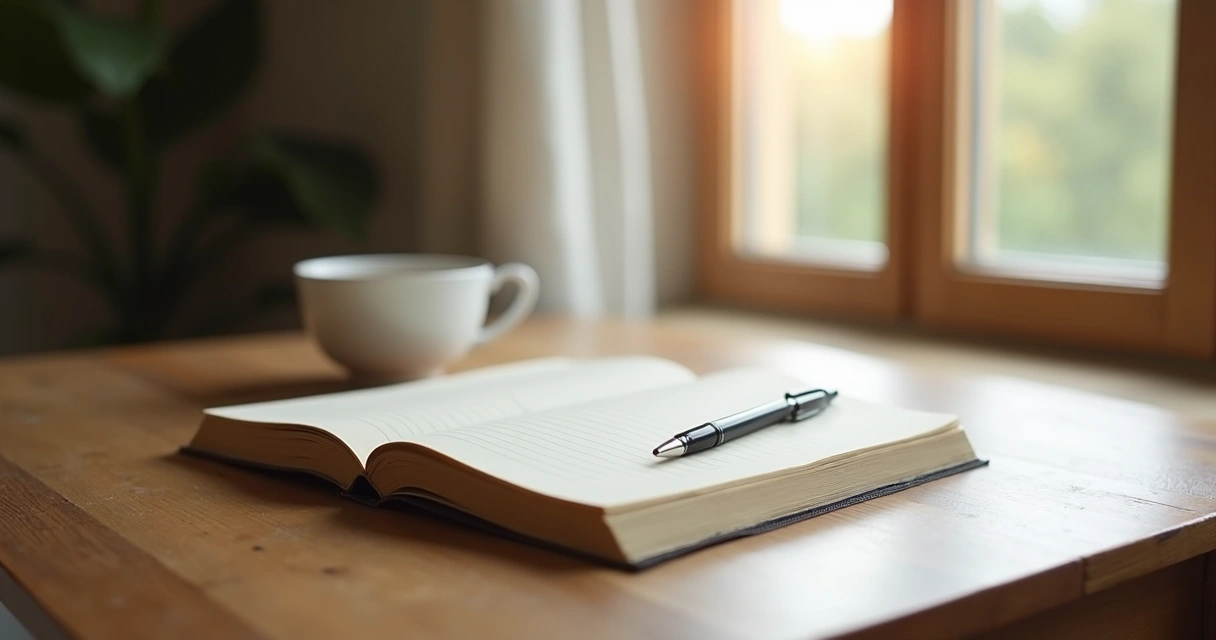 Cuaderno abierto junto a una ventana con luz suave