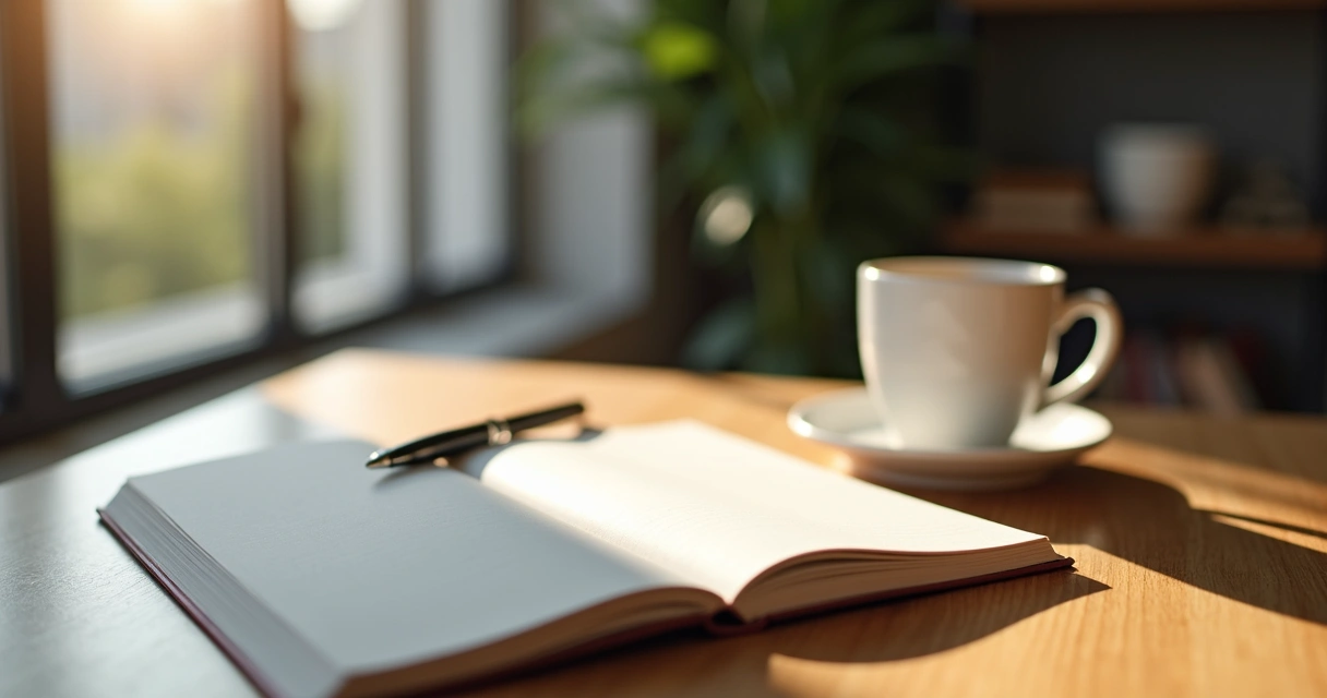 Cuaderno abierto junto a una ventana con luz suave y una taza 
