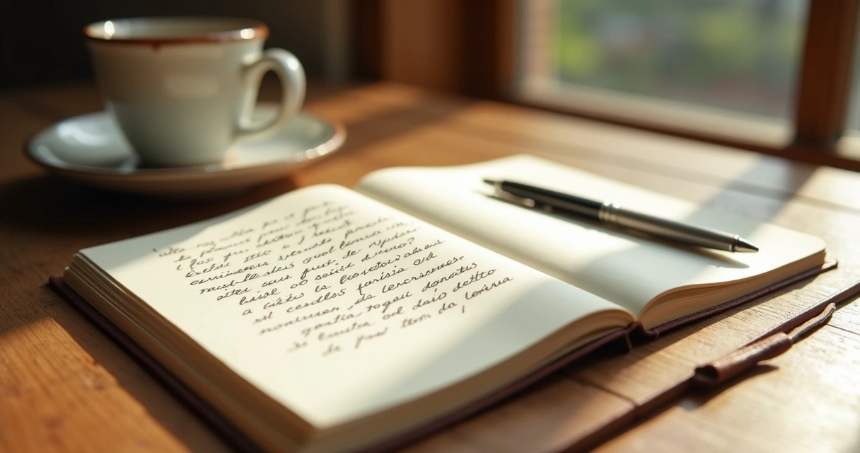 Cuaderno abierto con notas y una taza junto a una ventana 