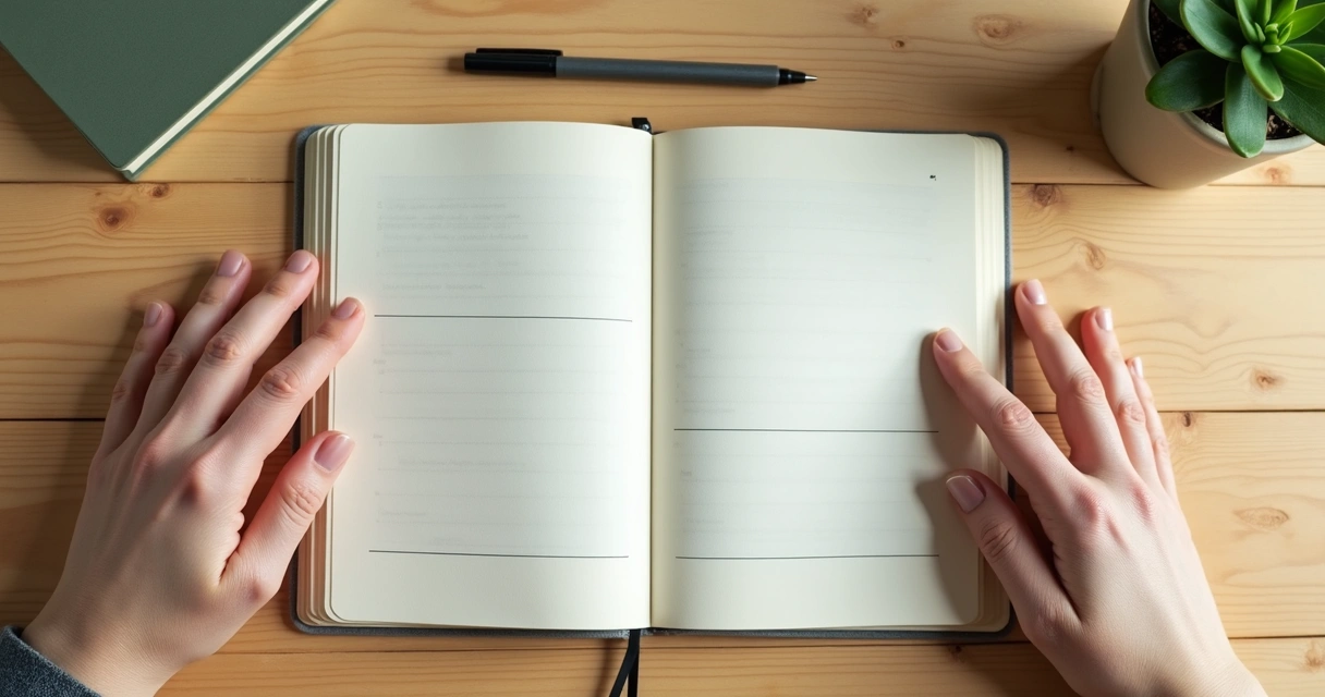 Cuaderno abierto y manos descansando en una pausa de respiración