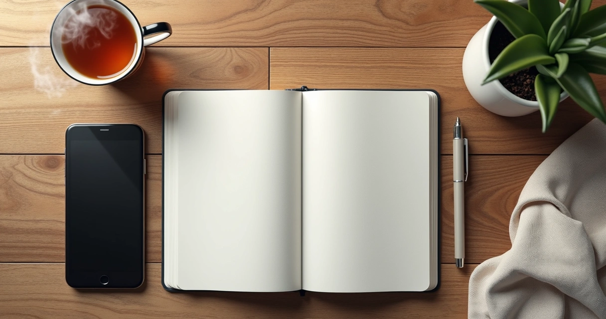 Cuaderno abierto junto a un teléfono apagado y una taza de té 