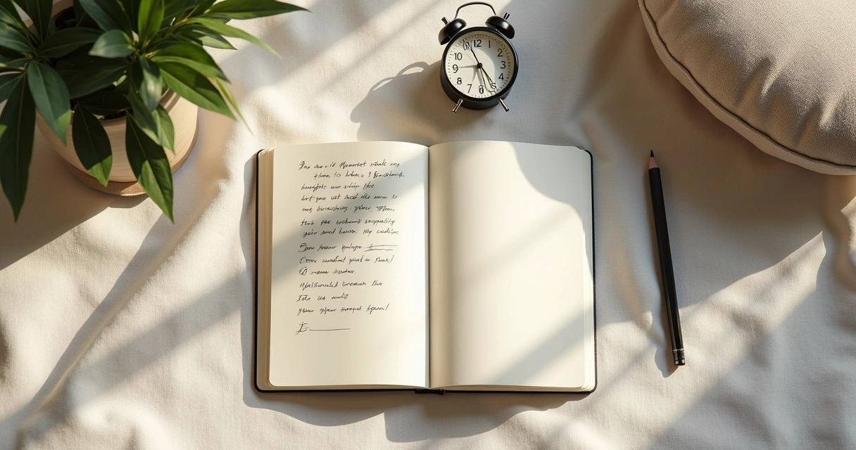 Cuaderno abierto junto a reloj analógico y cojín de meditación