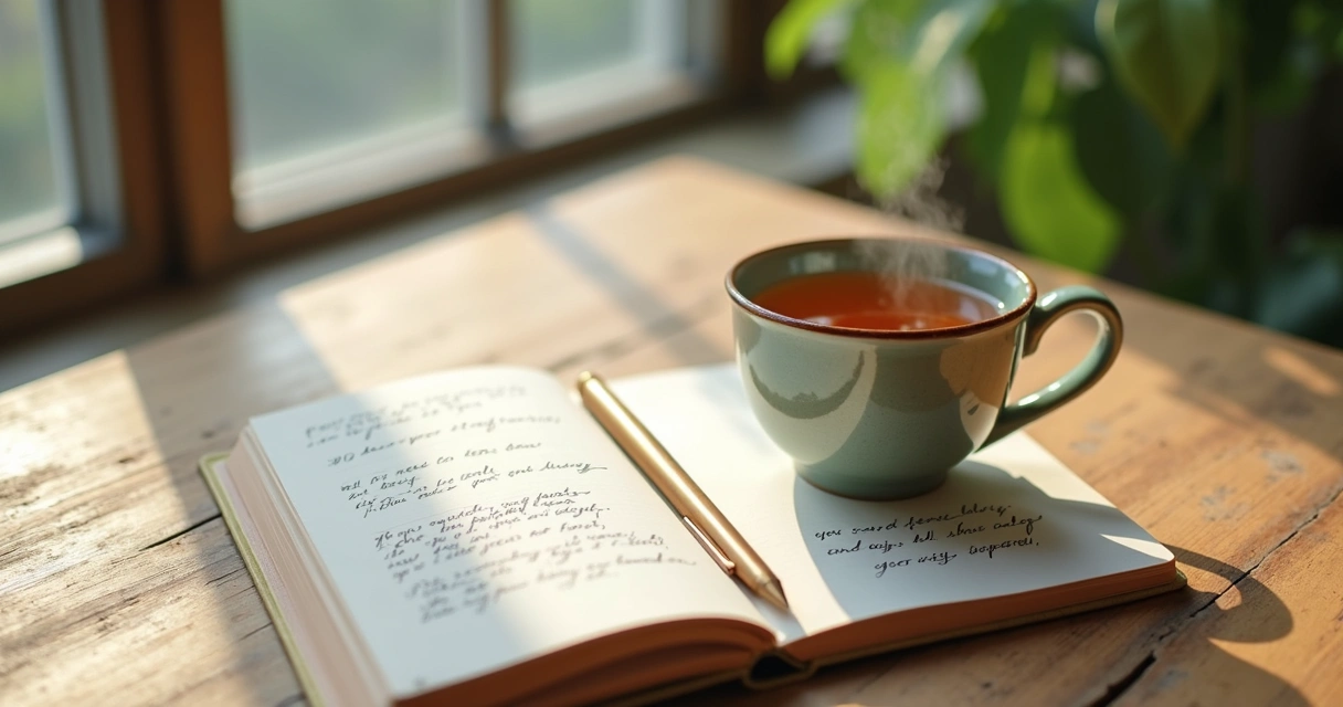 Cuaderno abierto y taza sobre una mesa junto a una ventana