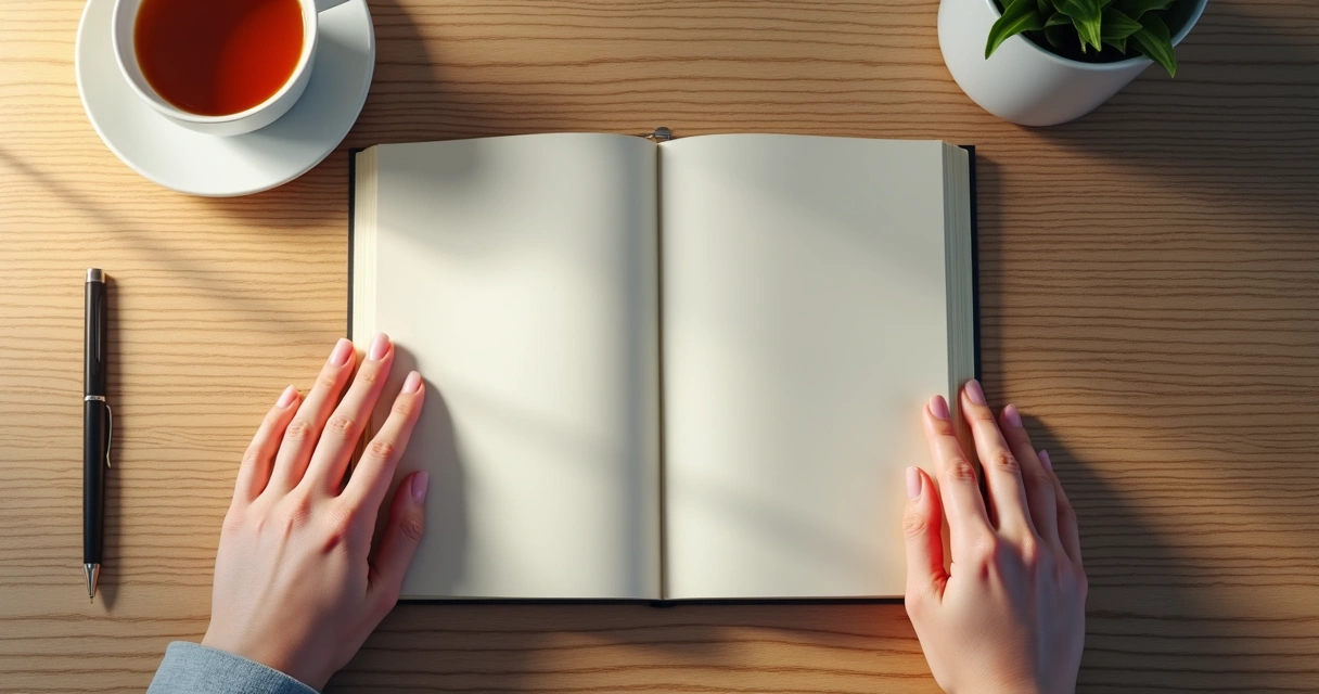 Cuaderno abierto, taza y respiración consciente en un espacio tranquilo 
