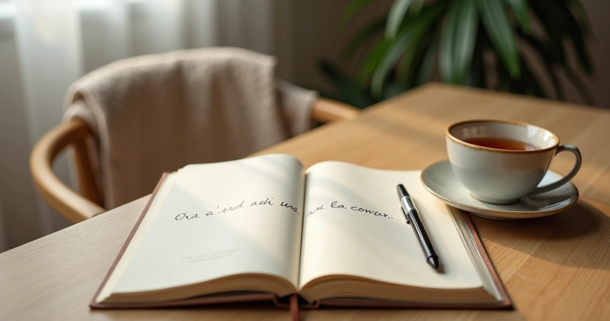 Cuaderno abierto con una taza y luz suave en un espacio de reflexión