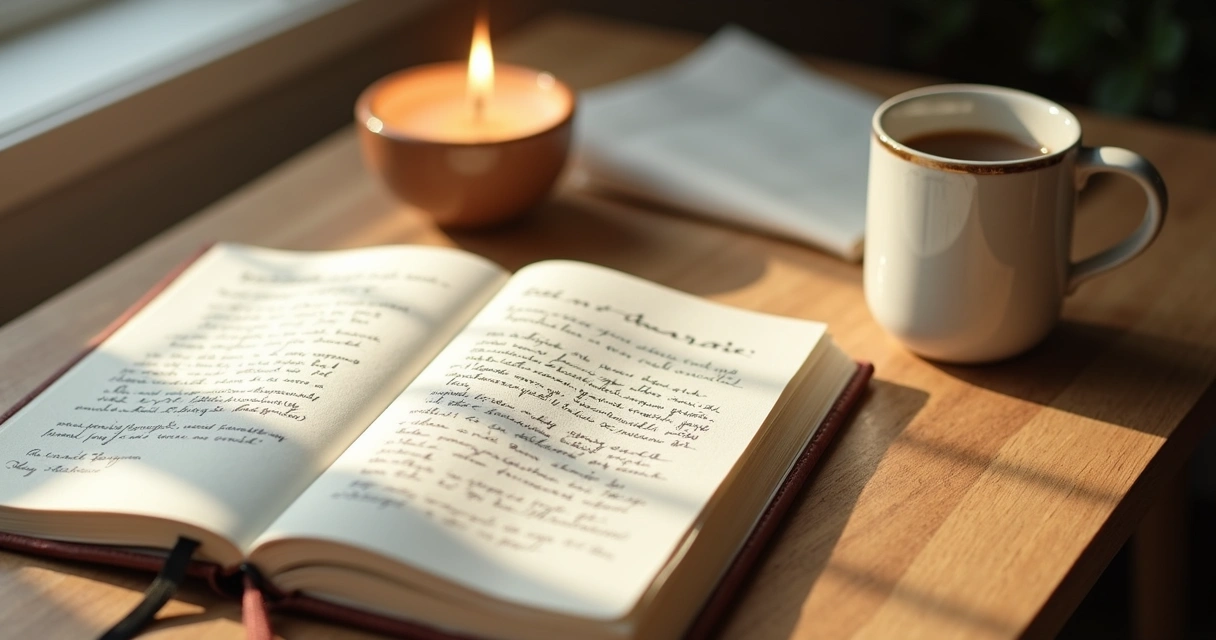 Cuaderno abierto con una vela, una taza y una carta escrita a mano 
