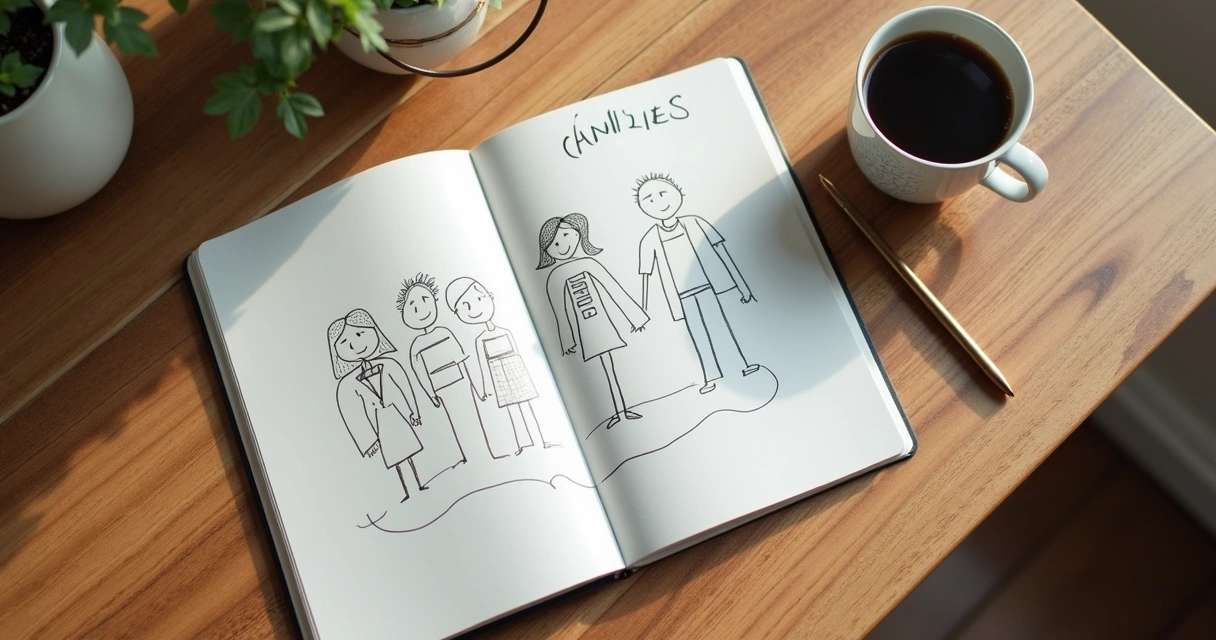 Cuaderno abierto con notas sobre roles familiares y una taza de café 
