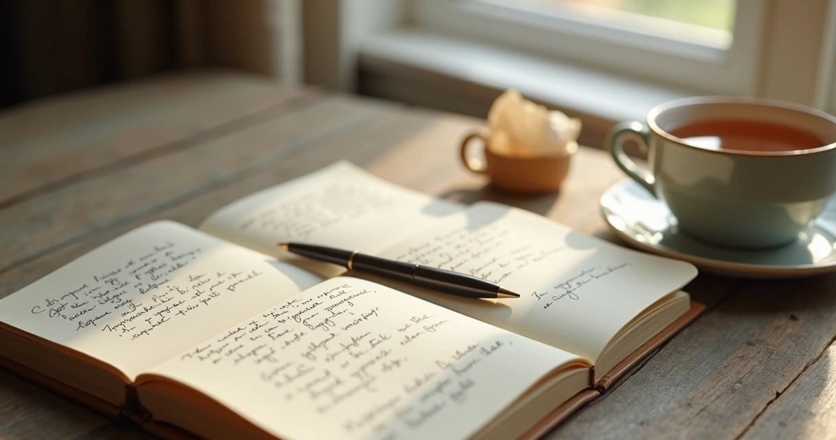 Cuaderno abierto con notas y taza en una mesa junto a ventana