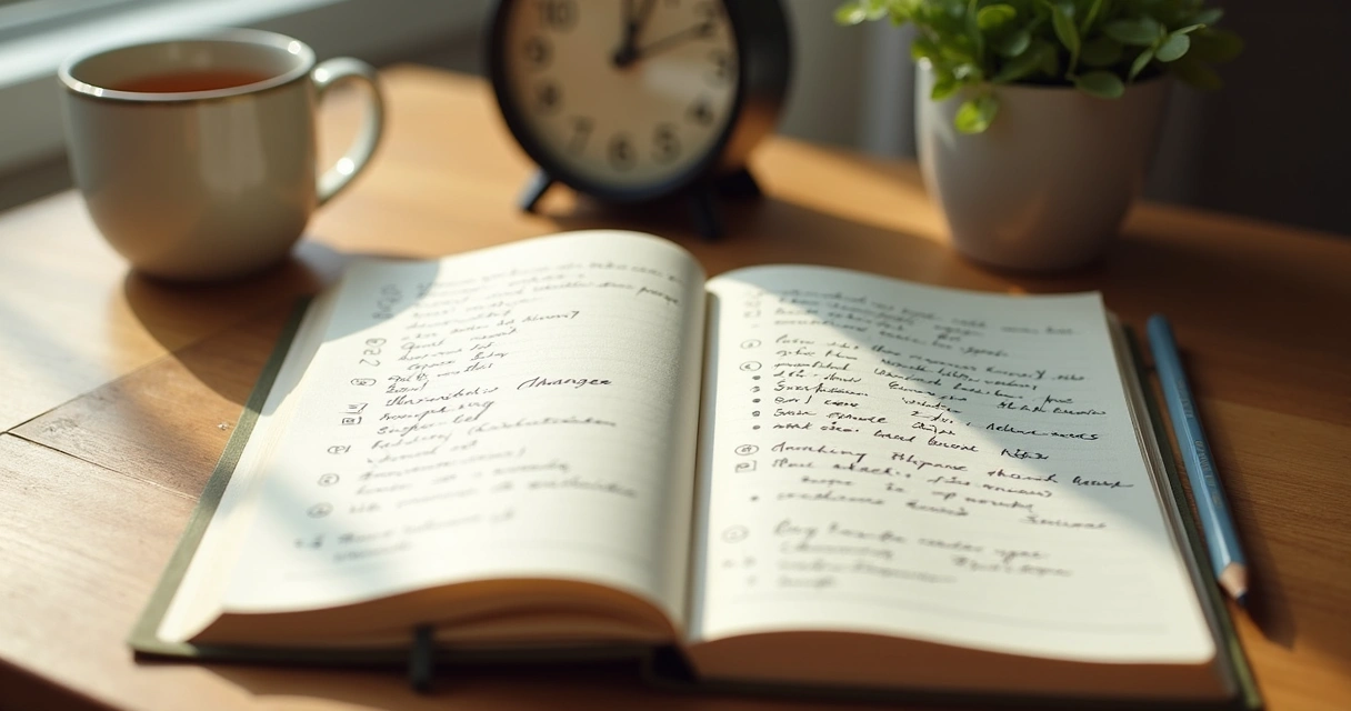 Cuaderno con notas de progreso junto a una taza y un reloj 