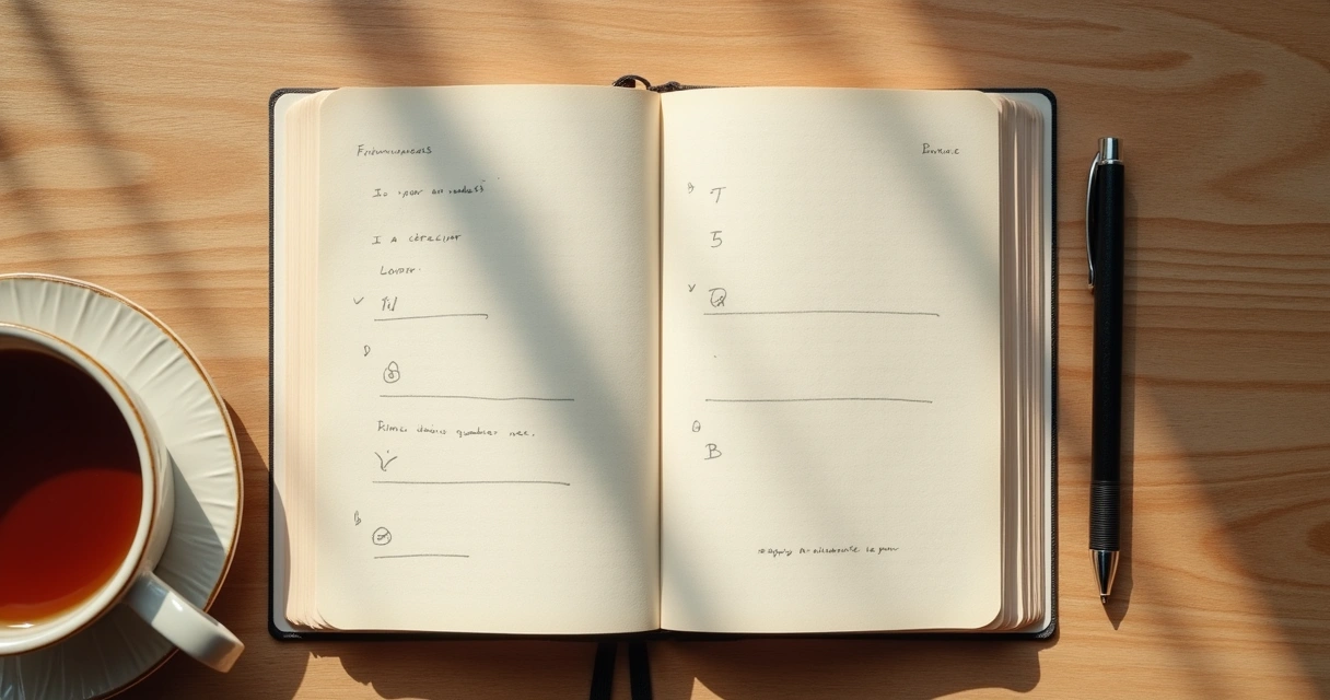 Cuaderno abierto con registro de práctica de mindfulness y una taza de té