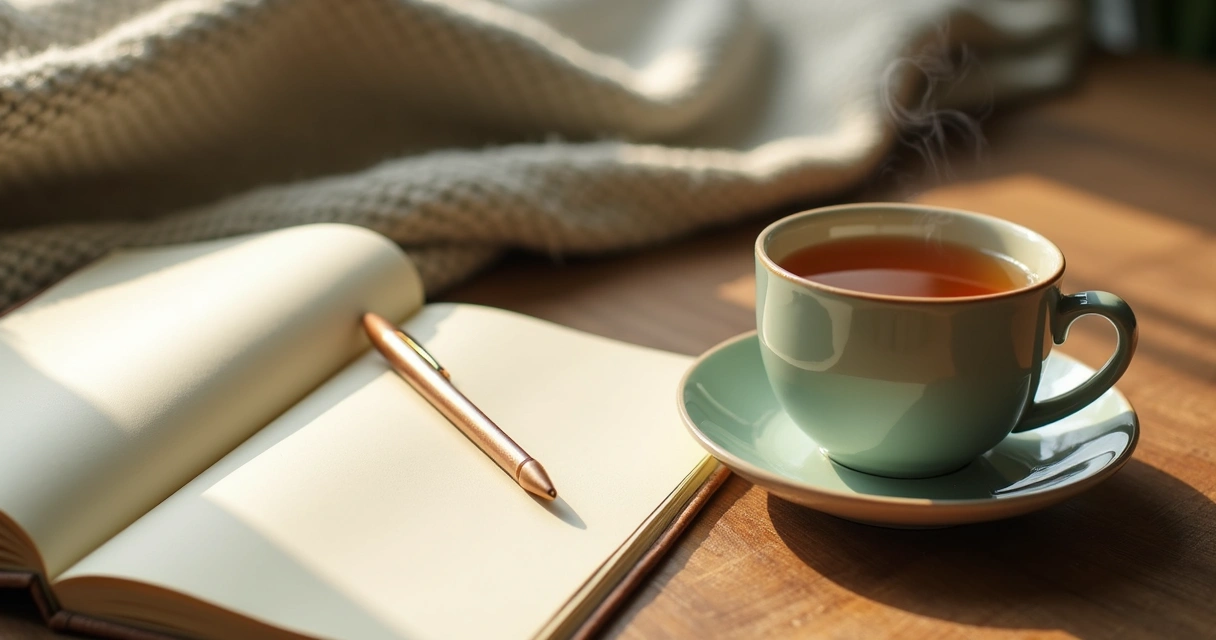 Cuaderno abierto y taza de té en una mesa con luz suave 