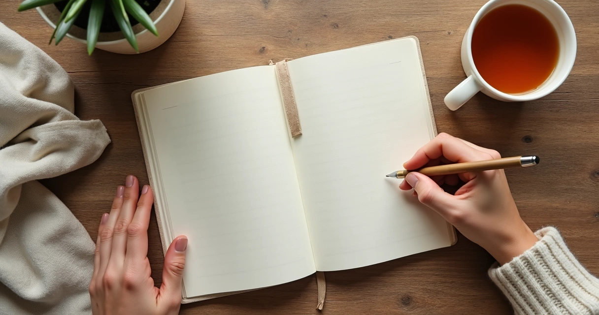 Cuaderno abierto, taza de té y una mano escribiendo