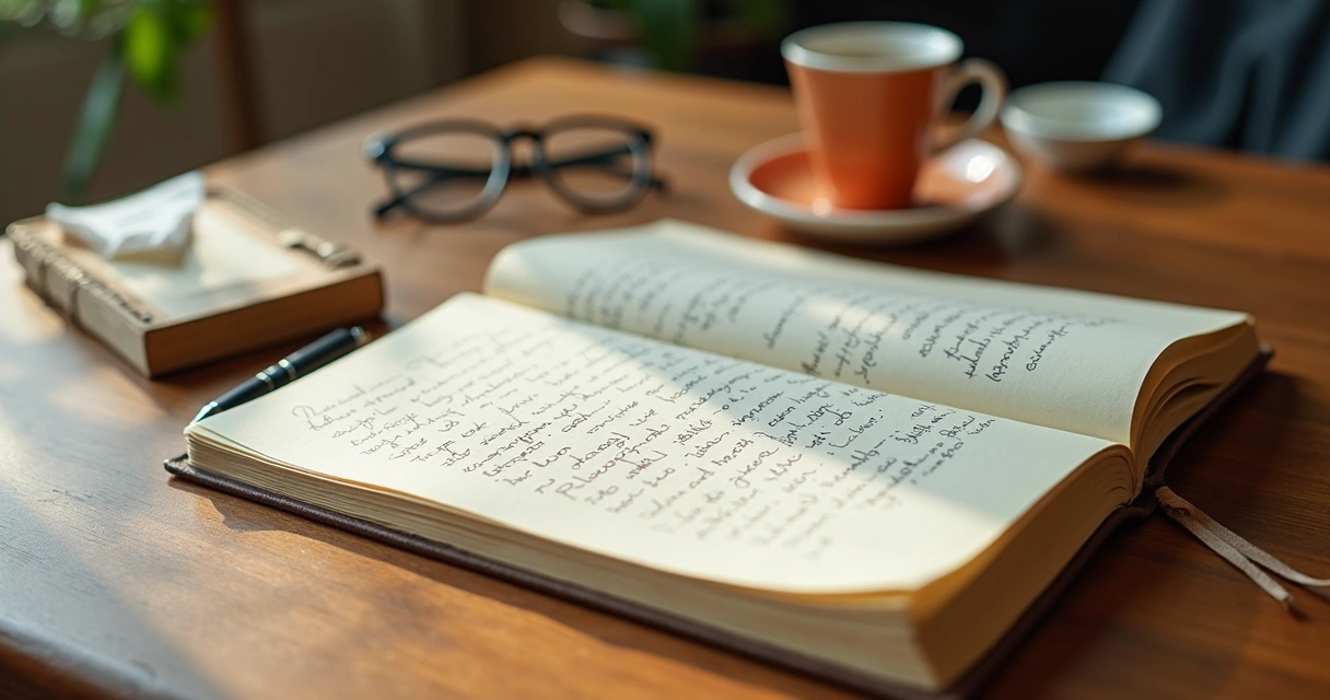 Cuaderno abierto con notas emocionales y taza de té