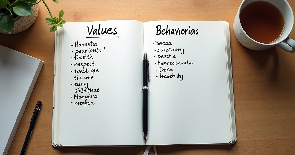 Cuaderno abierto con lista de valores y conductas sobre escritorio ordenado
