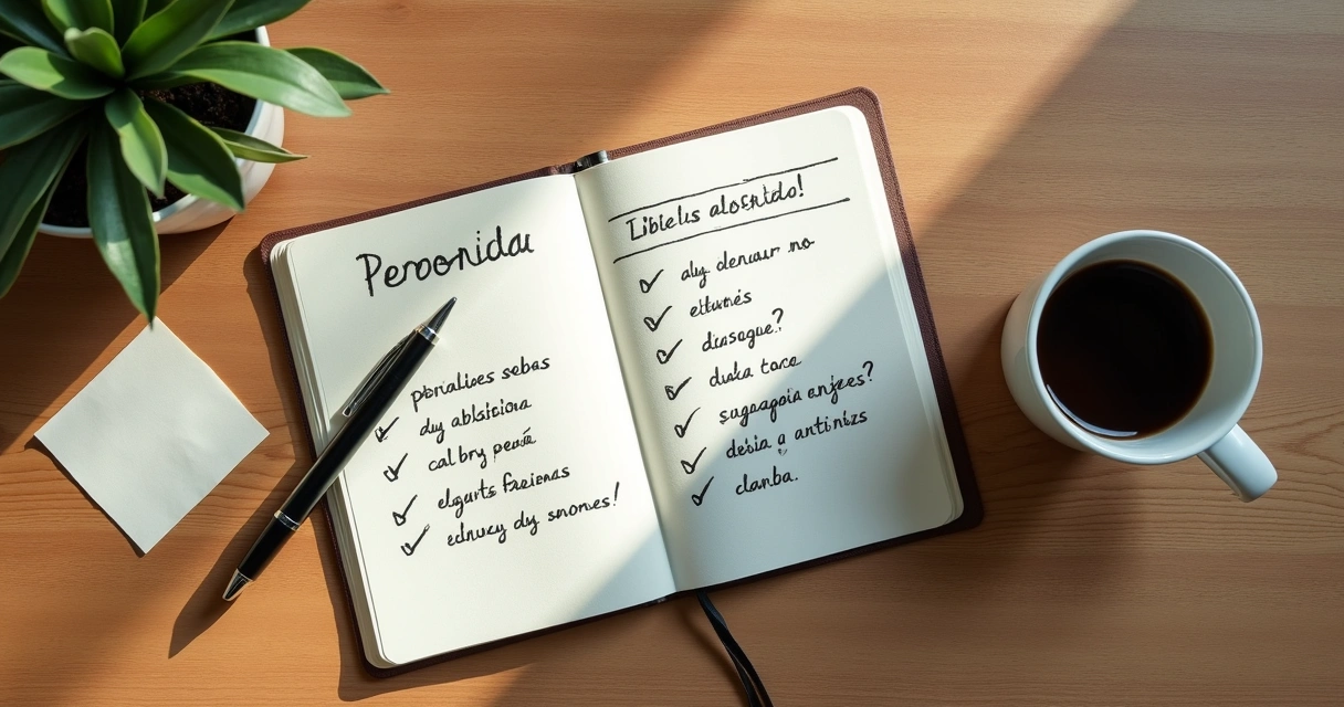 Cuaderno abierto con lista de valores y taza de café sobre una mesa 