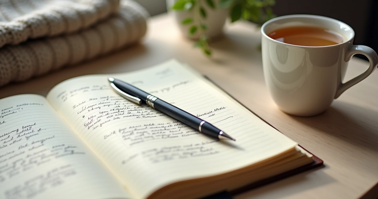 Cuaderno abierto con notas sobre pensamientos y una taza de té