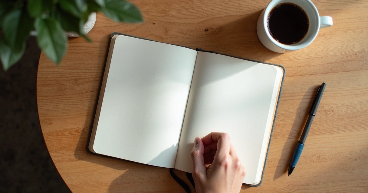 Cuaderno abierto y taza de café sobre una mesa
