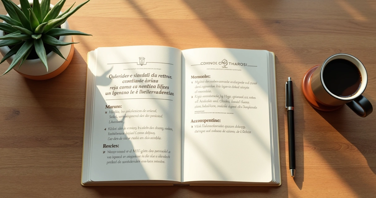 Cuaderno abierto con notas de reflexión y una taza de café 