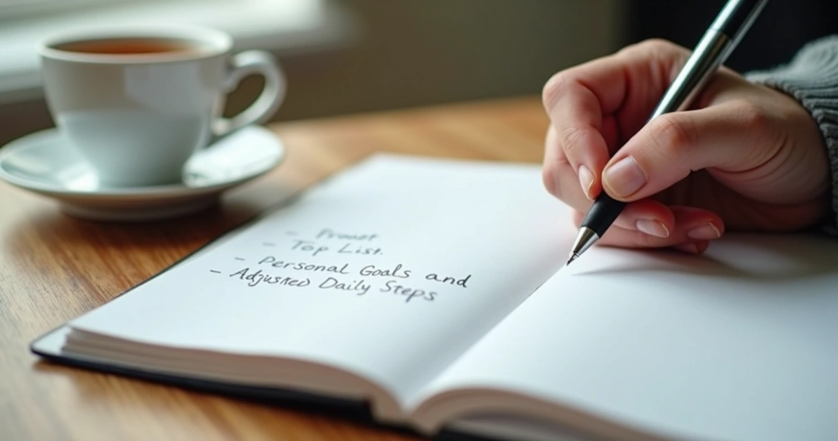 Cuaderno abierto junto a una taza y una mano escribiendo metas ajustadas