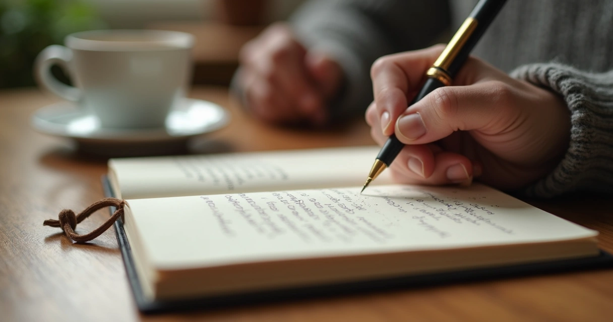 Cuaderno abierto junto a una taza y una mano escribiendo 