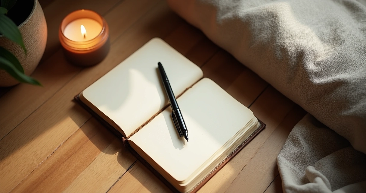 Cuaderno abierto junto a una vela y un cojín de meditación