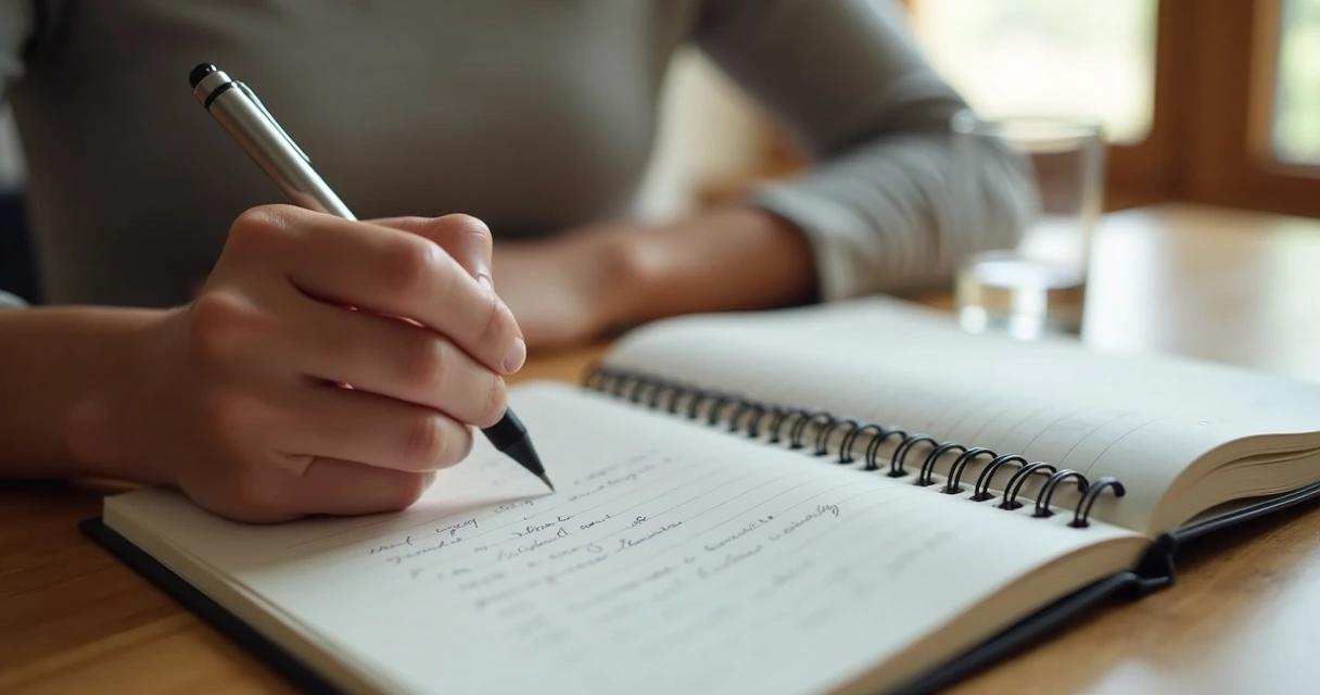 Manos escribiendo en un cuaderno junto a una respiración consciente