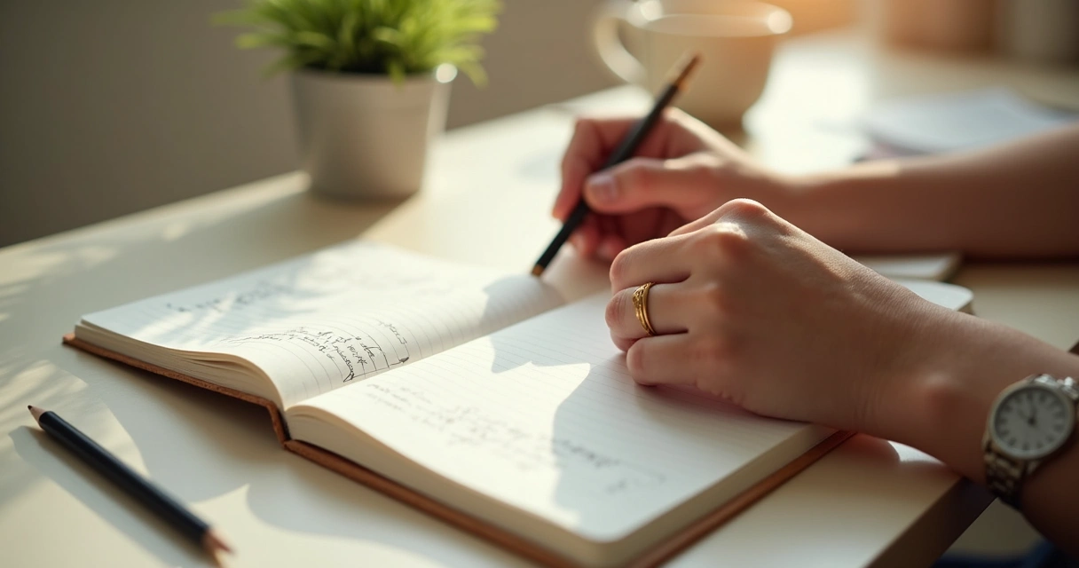 Cuaderno abierto junto a una taza y manos en pausa de respiración consciente