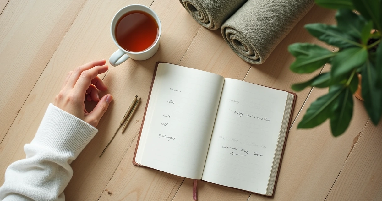 Cuaderno abierto junto a una taza y una esterilla de meditación 