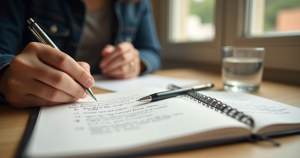 Cuaderno abierto, vaso de agua y manos en pausa antes de hablar