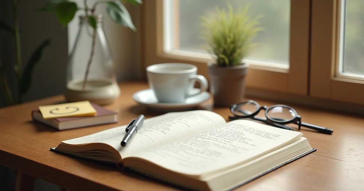 Cuaderno abierto junto a una taza y una sonrisa dibujada 