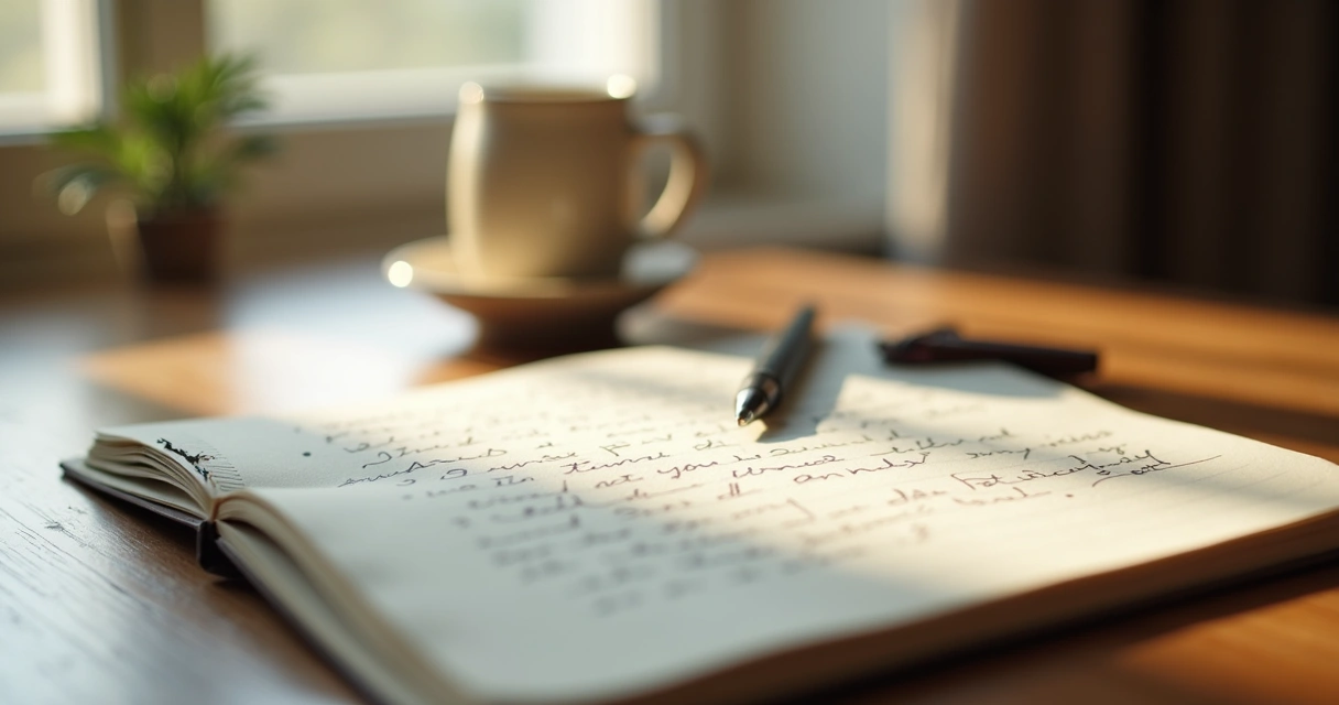 Cuaderno abierto y taza sobre una mesa junto a una ventana