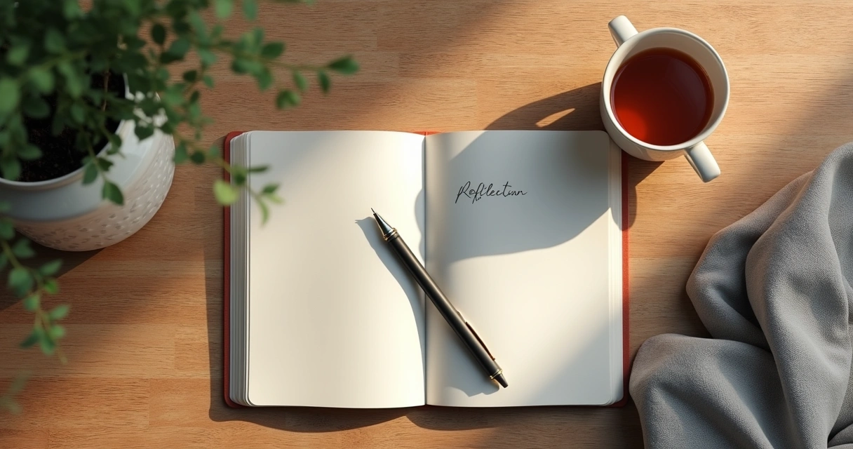 Cuaderno abierto junto a una taza de té sobre una mesa 